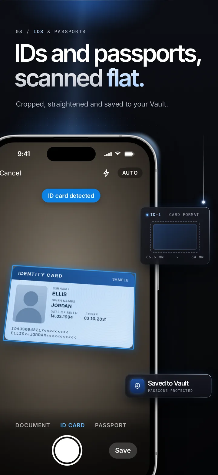 PDF Scanner AI — IDs and passports, scanned flat