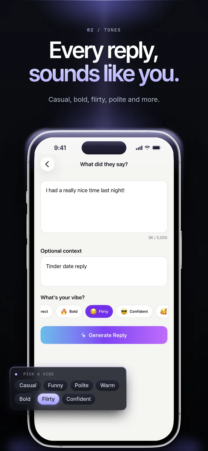 Reply AI — every reply sounds like you, with selectable tones