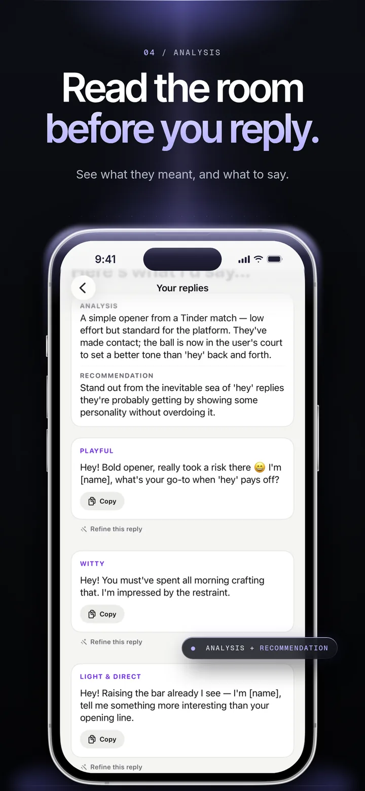 Reply AI — reads the room before you reply, with analysis and recommendation